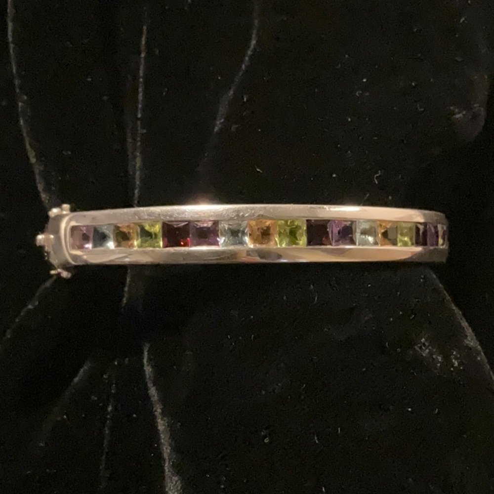 Multi Gemstone Hinged 925 Silver Bangle - image 3